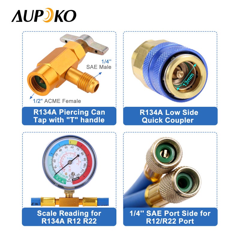 Aupoko مجموعة إعادة شحن فريون الثلاجة Aupoko A/C R134A مع 2 صمامات ثقب رصاصية، صنبور ثقب R134A، محول دوار مستقيم R410A، 2 محولات 1/4 بوصة مع قلب صمام - Image 2